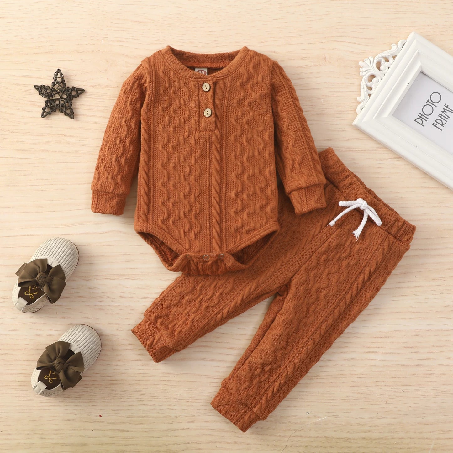 Newborn Infant Long Sleeve Round Neck Button Sweater Knitting Trousers